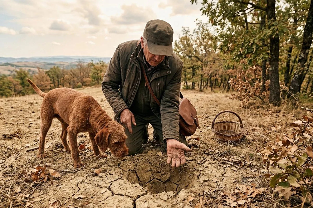 Tartufaio con cane da ricerca che scava in un terreno secco e inaridito dalla siccità alla ricerca di tartufo nero pregiato, con cesto in vimini tra i boschi ingialliti.