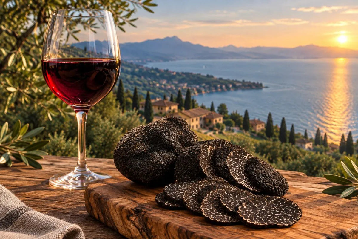 Immagine suggestiva di un tagliere di legno con fette di Tartufo accanto a un calice di vino Groppello rosso, sullo sfondo le colline della Valtènesi e il Lago di Garda