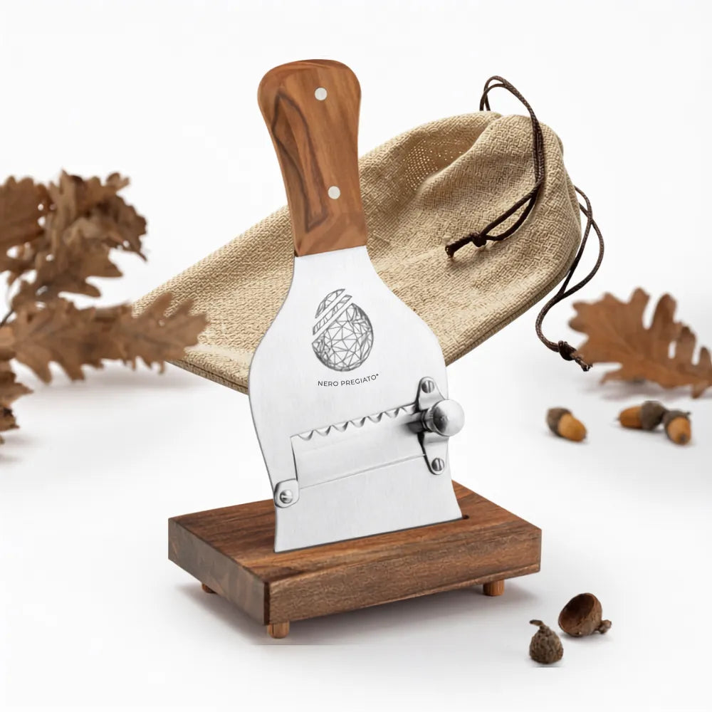 Affetta Tartufi inox placca Ulivo lama Seghettata