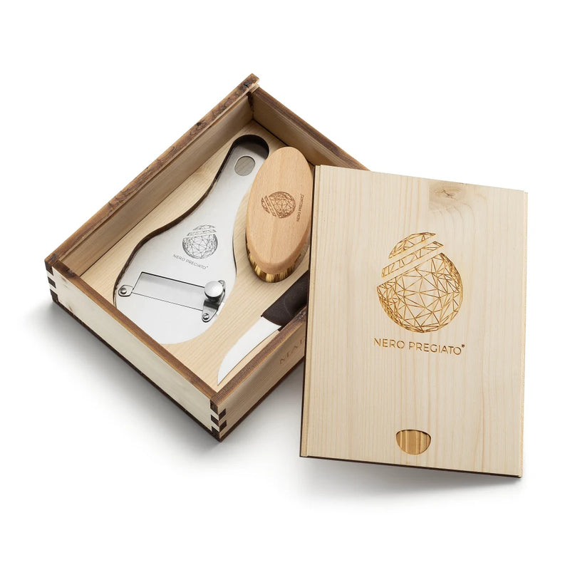 Cofanetto in legno, Coltello, Spazzolino, Affetta Tartufi inox