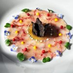 Carpaccio agrumato di gamberi rossi tartufo nero pregiato Erika Galinberti logo